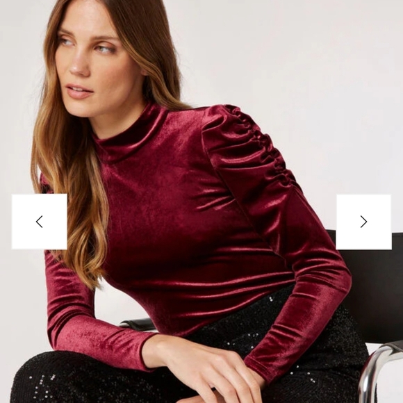 Apricot Maroon Velvet Rusched Shoulder Puff Long Sleeve Blouse Size 8 - Picture 1 of 10